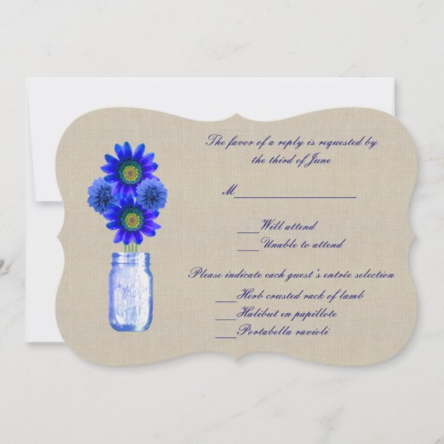 Burlap Rustic Blue Mason Jar Response Card Einladung (Vorderseite)
