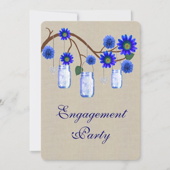 Burlap Rustic Blue Mason Jars Engagement Party Einladung (Vorderseite)