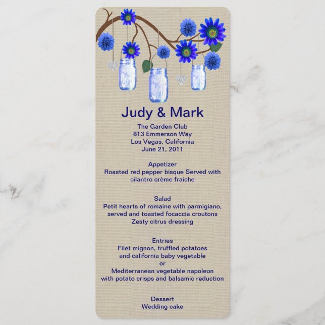 Burlap Rustic Blue Mason Jars Menu Card Menükarte (Vorderseite)