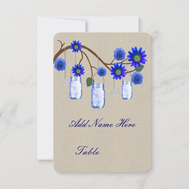 Burlap Rustic Blue Mason Jars Table Platzkarte (Vorderseite)