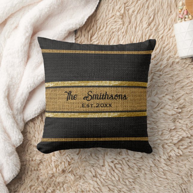 Burlap Rustic Brown Black Gold Custom Familienname Kissen (Decke)