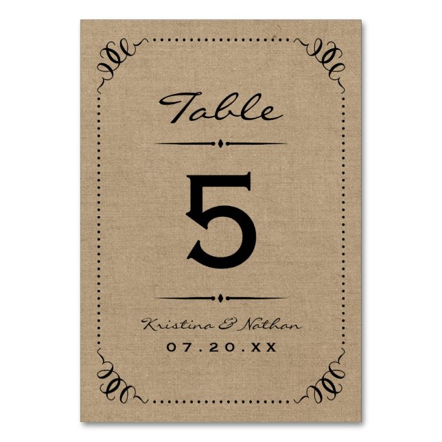 Burlap Rustic Chic Tischnummern (Vorderseite)