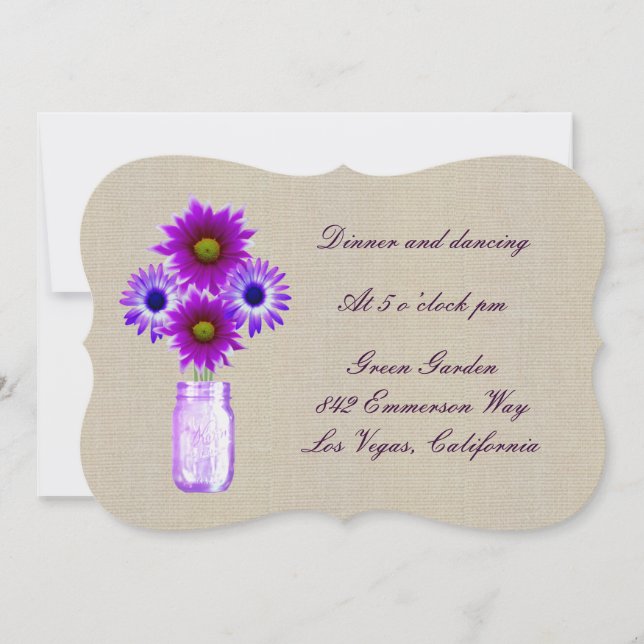 Burlap Rustic Lila Mason Jars Empfang Card Einladung (Vorderseite)