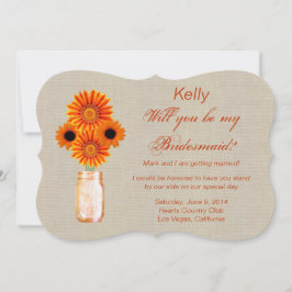 Burlap Rustic Orange Mason Jar Bridesmaid Card Einladung