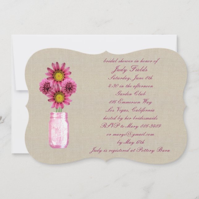 Burlap Rustic Pink Mason Jar Brautparty Einladung (Vorderseite)