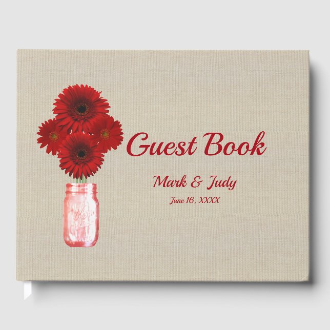 Burlap Rustic Red Floral Mason Jar Wedding Gästebuch (Vorderseite)
