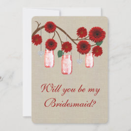 Burlap Rustic Red Mason Jars Bridesmaid Card Einladung