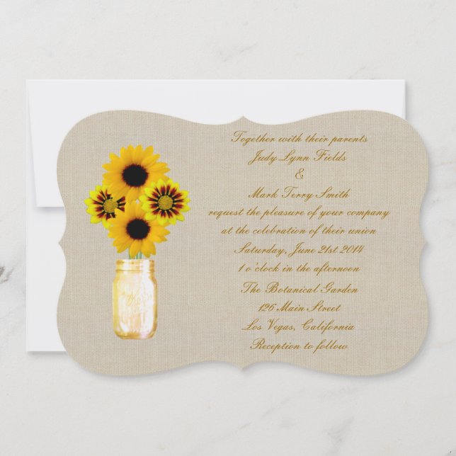 Burlap Rustic Yellow Mason Jar Wedding Einladung (Vorderseite)