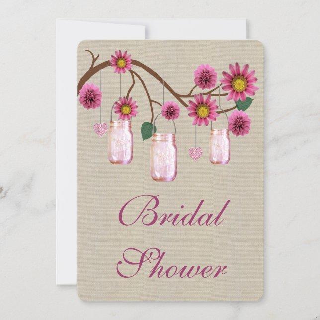 Burlap Rustikal Pink Mason Jars Brautparty Einladu Einladung (Vorderseite)