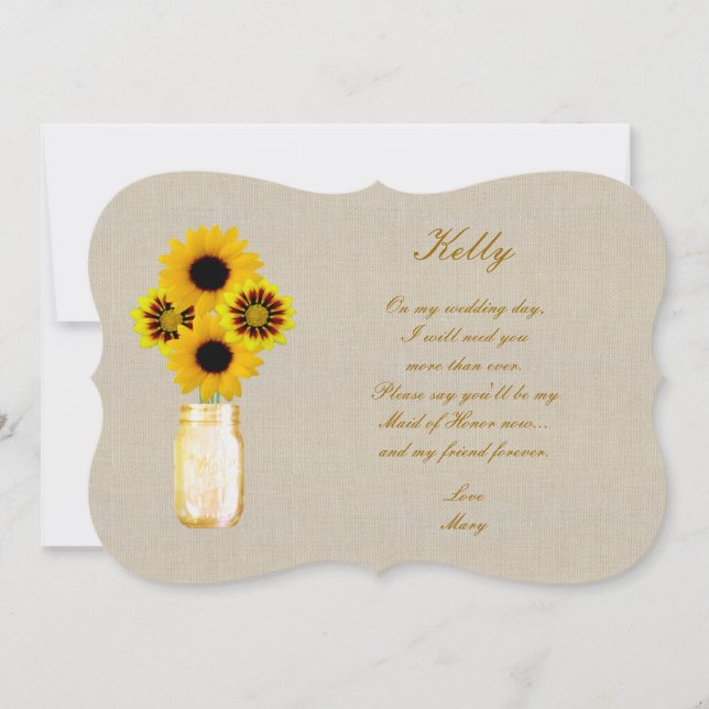 Burlap Rustikale Gelbe Mason Jar Trauzeugin Card Einladung (Vorderseite)
