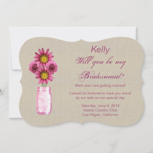 Burlap Rustikale Pink Mason Jar Bridesmaid Card Einladung (Vorderseite)