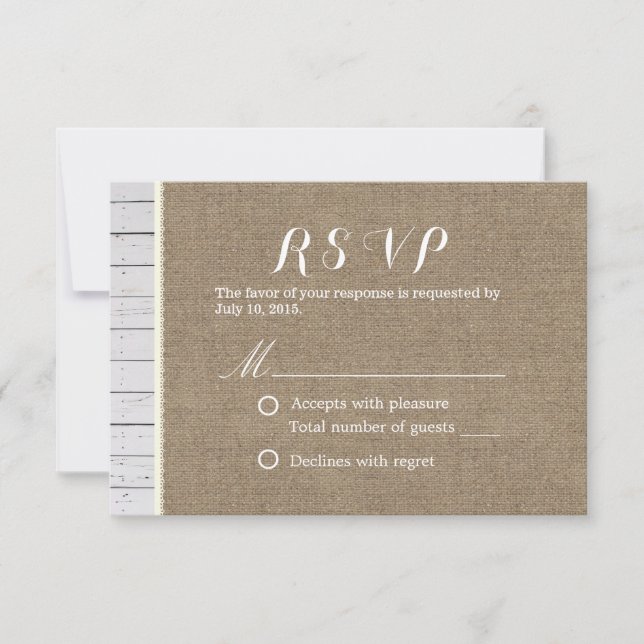 Burlap rustique et rayures de bois Mariage RSVP (Devant)