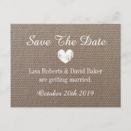 Burlap Save the Date Hochzeitskarte mit Herz Ankündigungspostkarte