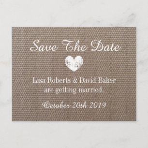 Burlap Save the Date Hochzeitskarte mit Herz Ankündigungspostkarte