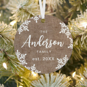 Burlap Snowflakes Custom Family Name Skriptschrift Ornament Aus Metall