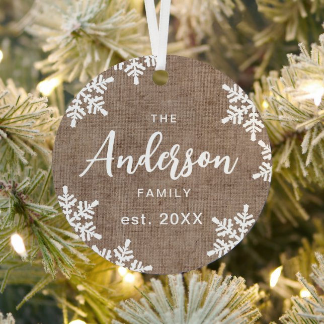 Burlap Snowflakes Custom Family Name Skriptschrift Ornament Aus Metall (InSitu)