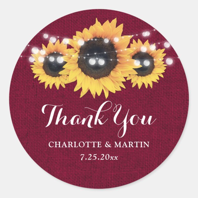 Burlap Sonnenblume Burgundy Red Danke Stickers (Vorderseite)