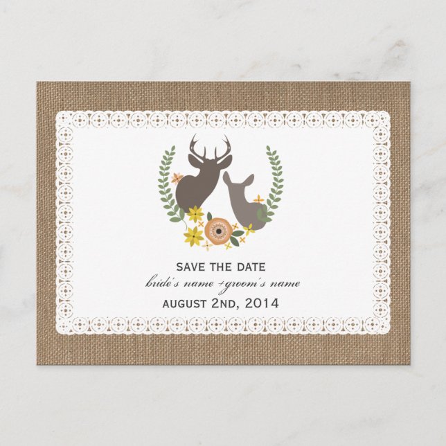 Burlap + Spitzen Inspiriert Fall Hirsche Save the  Ankündigungspostkarte (Vorderseite)