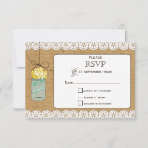 Burlap-Spitzen Rustikal-Gelb-Hydrangea-Mason-Glas- RSVP Karte