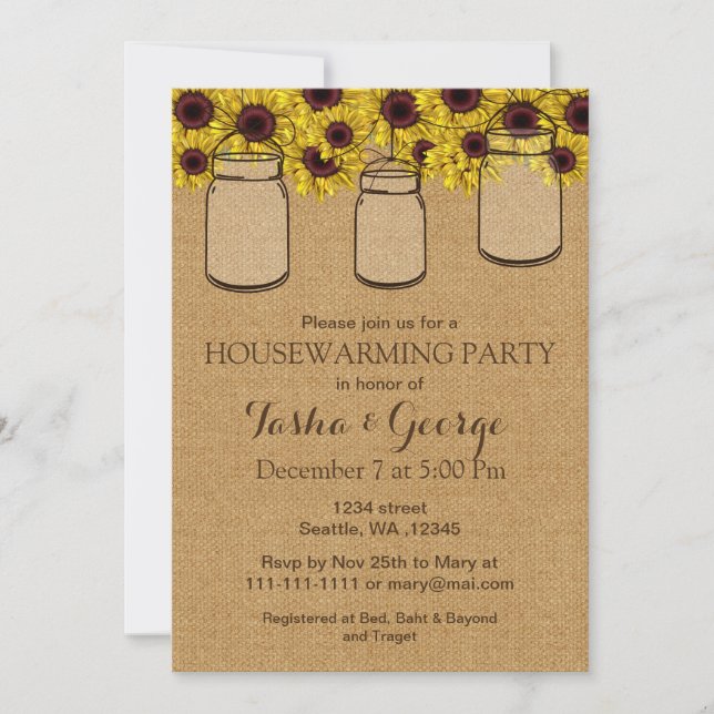 Burlap Sunflowers Mason Jars Invitation de chauffa (Devant)