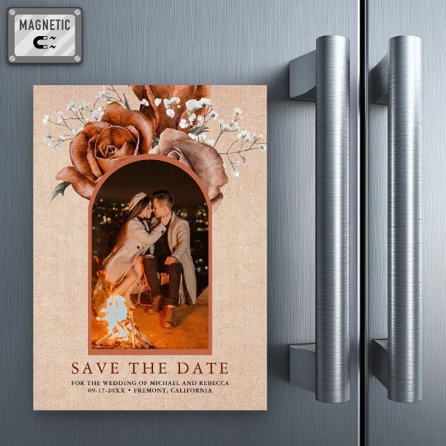 Burlap Terracotta Wedding Foto Save the Date Magneteinladung (Von Creator hochgeladen)