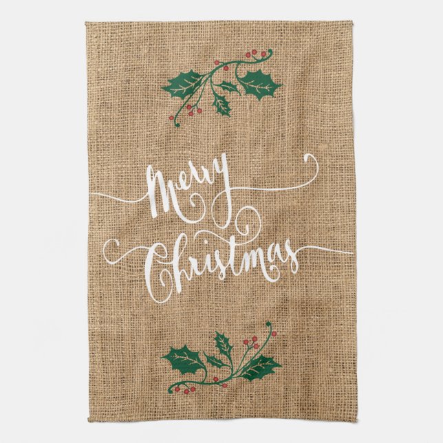 Burlap Texture Frohe Weihnachten Geschirrtuch (Vertikal)