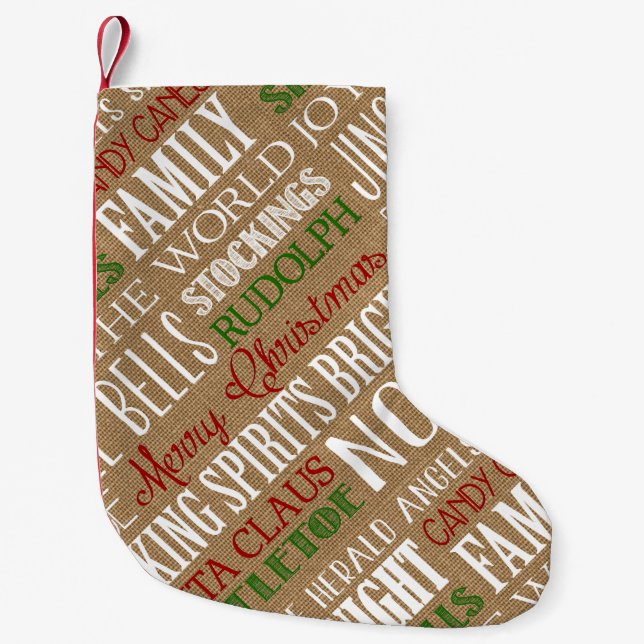 Burlap Typografie Rustikaler Weihnachtsbaum Strump Kleiner Weihnachtsstrumpf (Vorderseite)