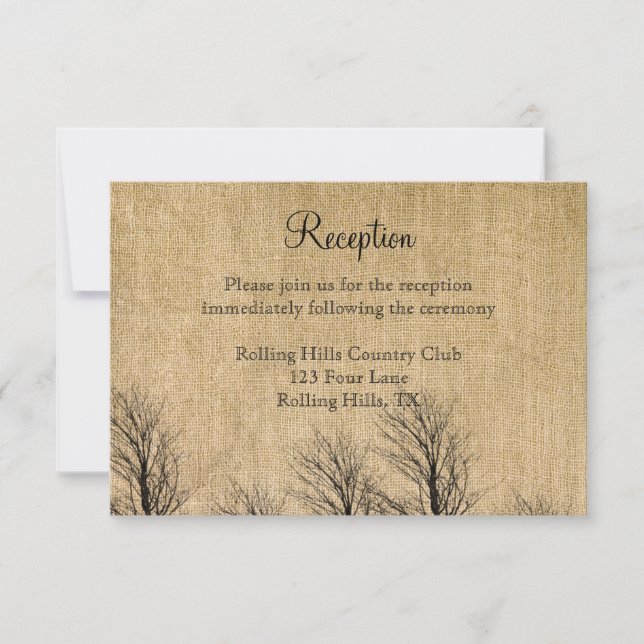 Burlap- und Birch Posh-Hochzeitsempfang Einladung (Vorderseite)