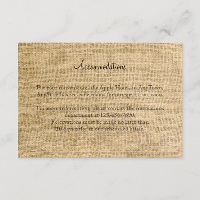 Burlap- und Birch Posh-HochzeitsInsert Begleitkarte (Vorderseite)