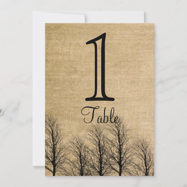 Burlap- und Birch Posh Wedding-Tischnummer Einladung (Vorderseite)