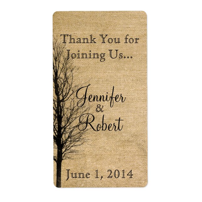 Burlap- und Birch Posh Wedding Wine Label (Vorne)