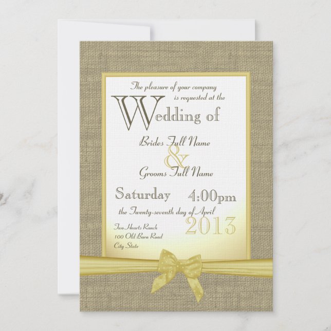 Burlap und Bow 12x18 Yellow Country Wedding Einladung (Vorderseite)