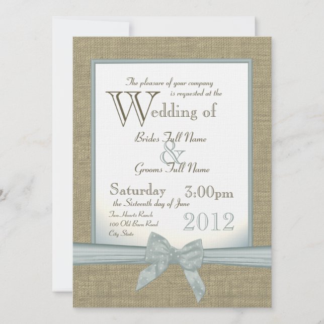 Burlap- und Bow Blue Country-Hochzeit Einladung (Vorderseite)