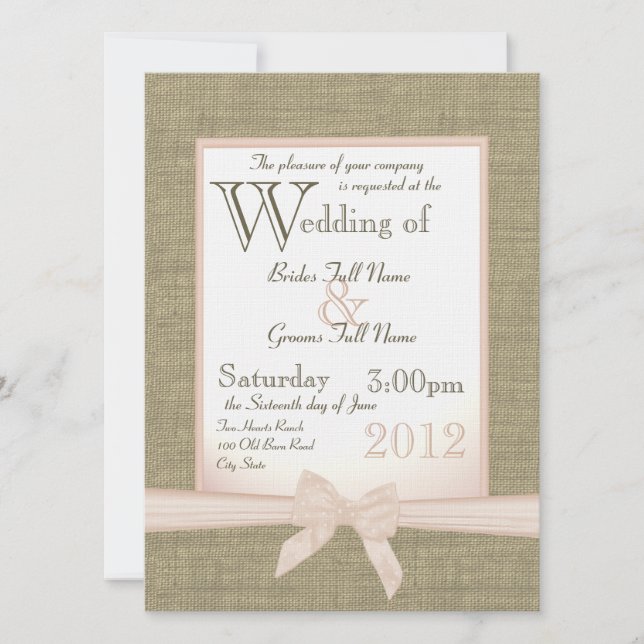 Burlap- und Bow Blush Country-Hochzeit Einladung (Vorderseite)