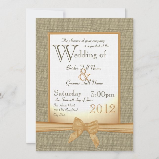 Burlap und Bow Orange Country Wedding Einladung (Vorderseite)