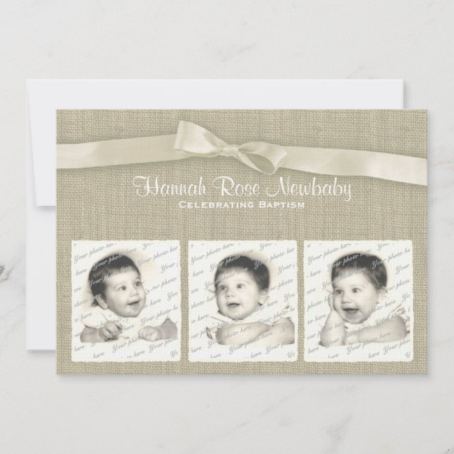 Burlap- und Bow-Taufe mit Fotos Einladung (Vorderseite)