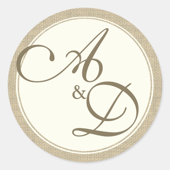 Burlap und Ivory Monogram Runder Aufkleber (Vorderseite)