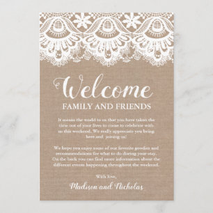 Burlap und Lac Wedding Hotel Welcome Cards, rustik Programm