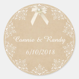 Burlap- und Lace Bow und Perl-Hochzeitsticker Runder Aufkleber