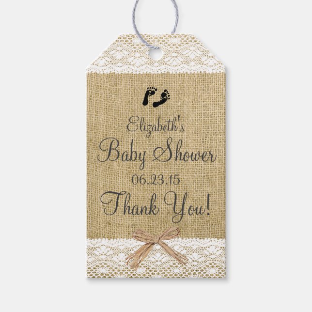 Burlap- und Lace Image- Baby-Dusche Geschenkanhänger (Vorderseite)