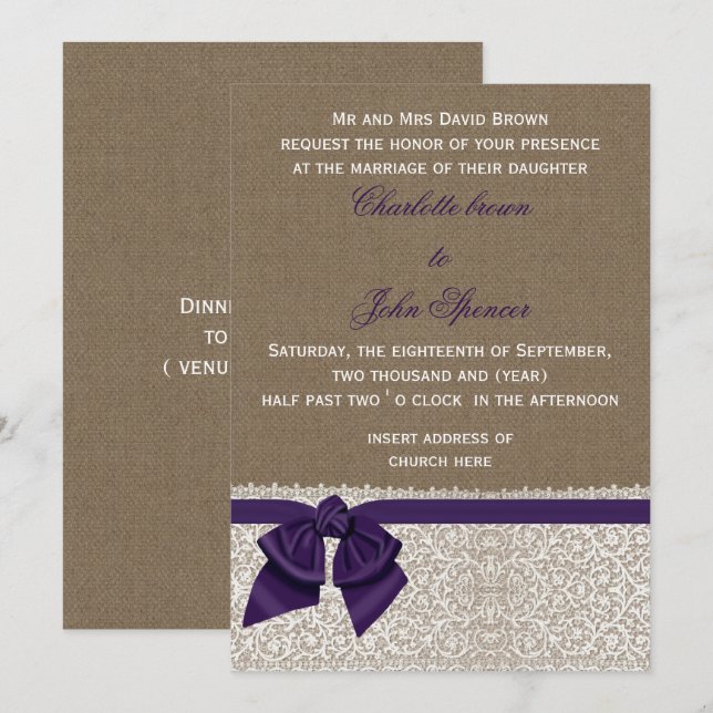 Burlap und Lace Lila Wedding Einladung (Vorne/Hinten)