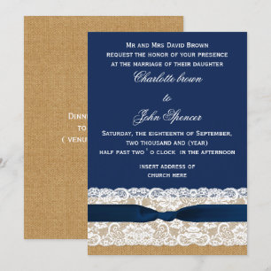 Burlap- und Lace-Navy-Hochzeit Einladung