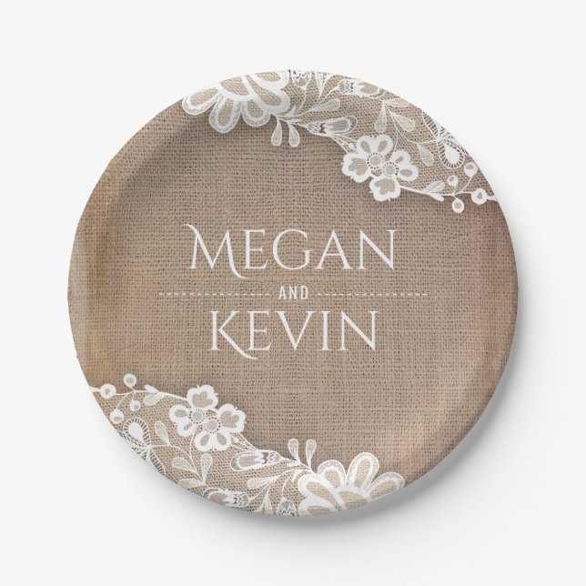 Burlap und Lace Rustic Country Wedding Pappteller (Vorderseite)