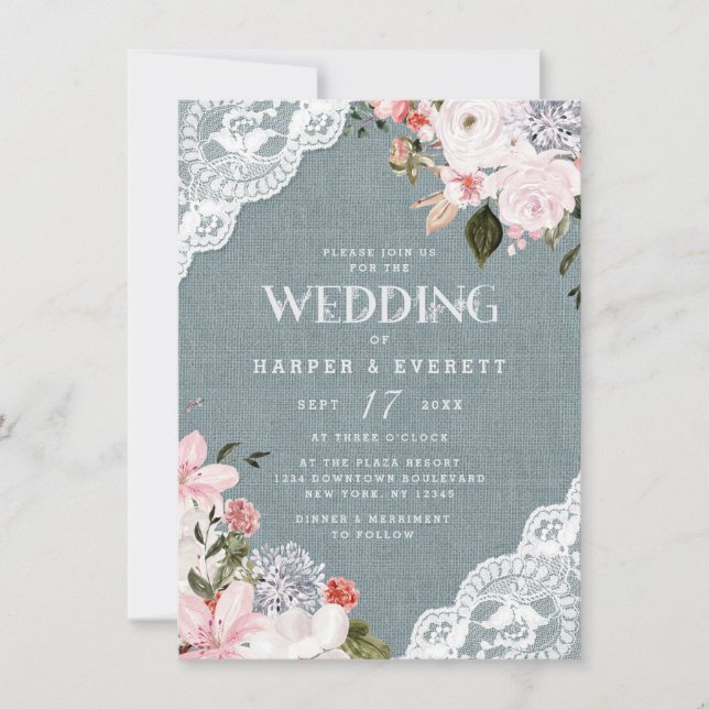 Burlap und Lace Rustic Dusty Blue Floral Wedding Einladung (Vorderseite)