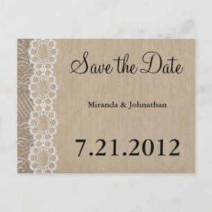 Burlap und Lace Rustic Save the Date Ankündigungspostkarte