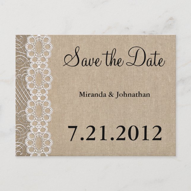 Burlap und Lace Rustic Save the Date Ankündigungspostkarte (Vorderseite)