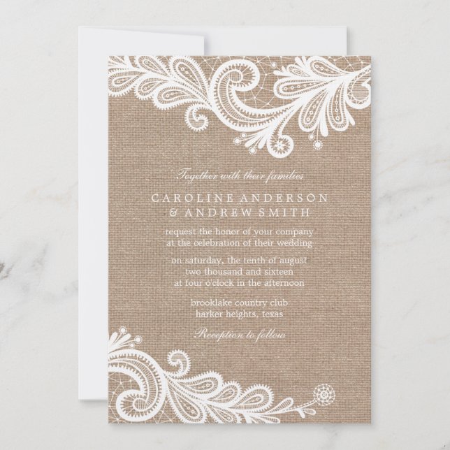 Burlap und Lace Wedding Einladung (Vorderseite)