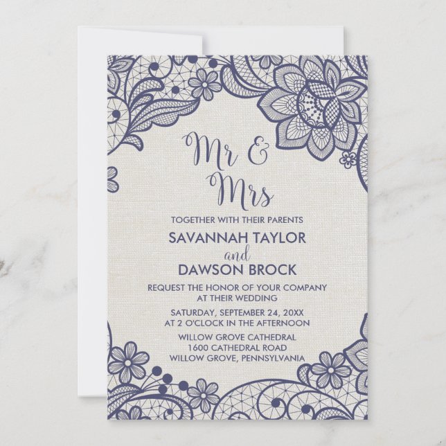 Burlap und Marine Lace | Floral Mr. and Mrs. Weddi Einladung (Vorderseite)