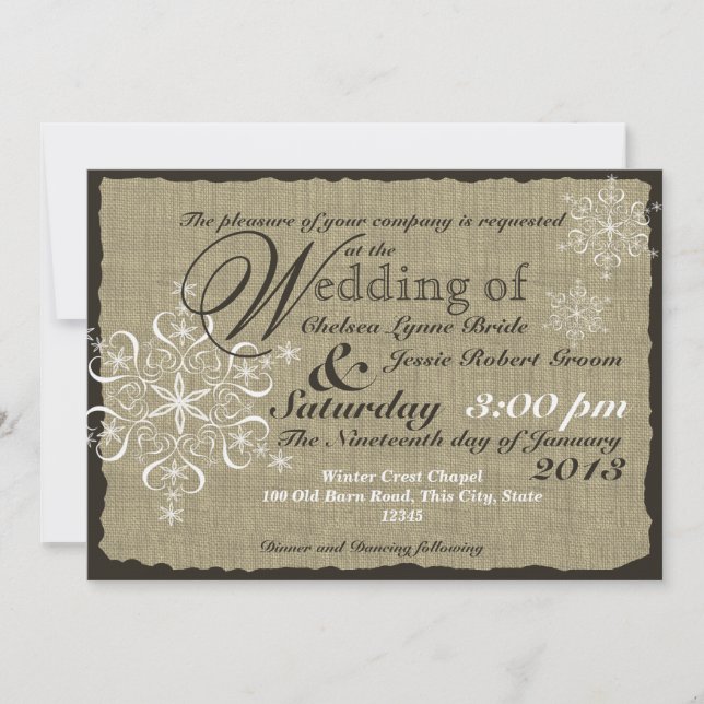 Burlap und Snowflakes Hochzeit 5 x 7 Einladung (Vorderseite)