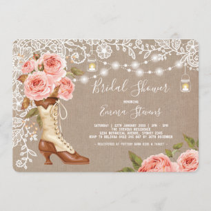 Burlap- und Spitzen-Rosa Brautparty Chic Boots Einladung